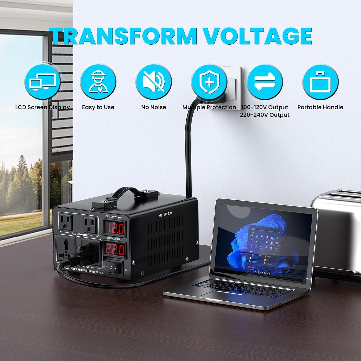 1000W Voltage Converter Transformer(110V to 220V or 220V to 110V) Step Up/Down Converter 110/120 Volt - 220/240 Volt w/US Power Cord,Circuit Breaker Protection, LCD Screen Display