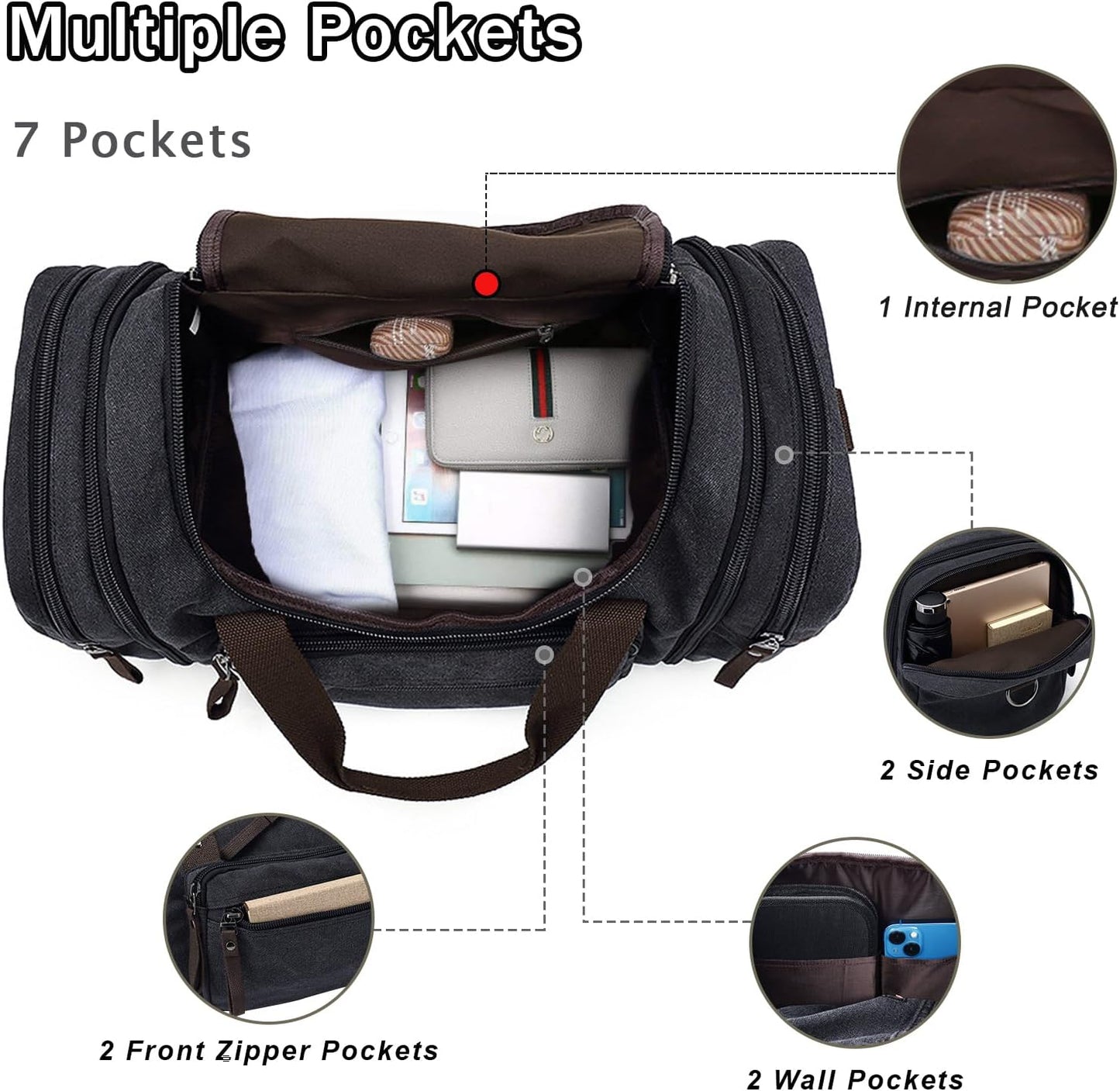 Felipe Varela Duffle Bag for Men, Canvas Expandable Duffel Bag for Travel, Mens Carry On Luggage Bags Traveling Weekender Gym Overnight Duffel Bags for Airplanes, Black