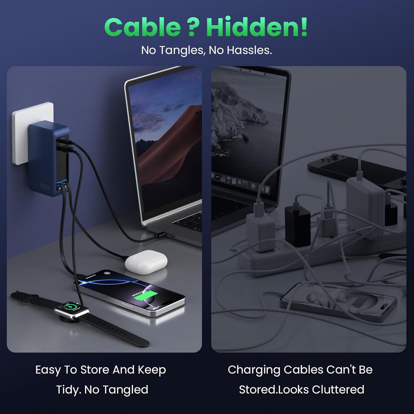 120W USB C Charger Block with 2 Built-in Retractable Cables,4-in-1 GaN IV Foldable Plug Wall Charger Fast Charging Station,PD 65W Laptop Adapter for Macbook/iPad,iPhone 17/16/15/14,Android (Dark Blue)