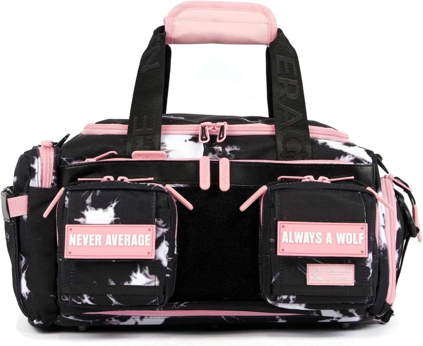 WOLFpak 20L Mini Duffle Bag for Gym & Travel | Waterproof Carry-On Weekender Bag with Shoe Compartment, Hard Bottom, and Tactical Molle System (Black Lightning Knockout Pink)