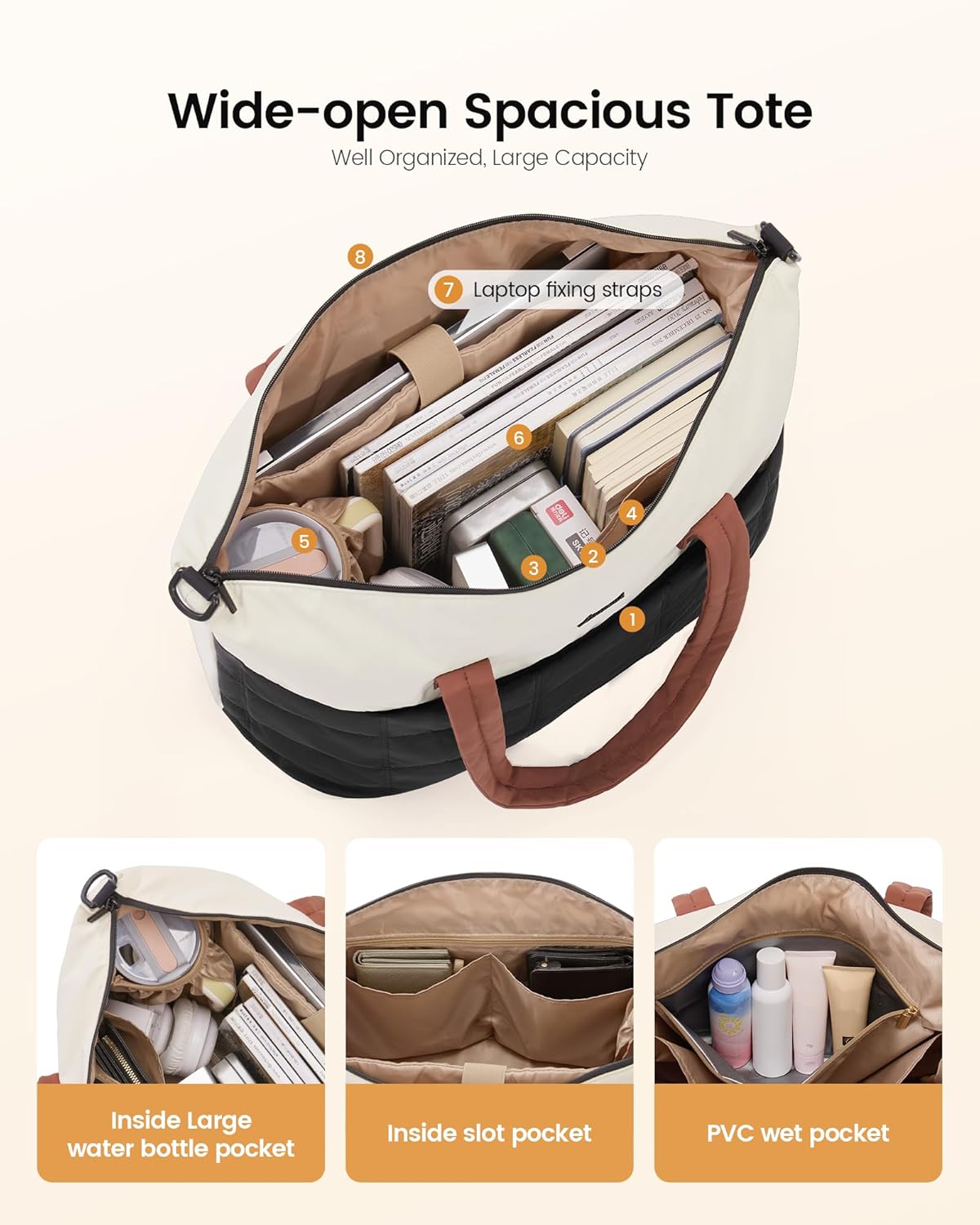 LOVEVOOK Quilted Duffle Bag for Travel,36L Gym Bag for Women with Wet Pocket,Water Resistant Weekender Overnight Bag Tote Bag for Women with Laptop Compartment(Black White Brown)