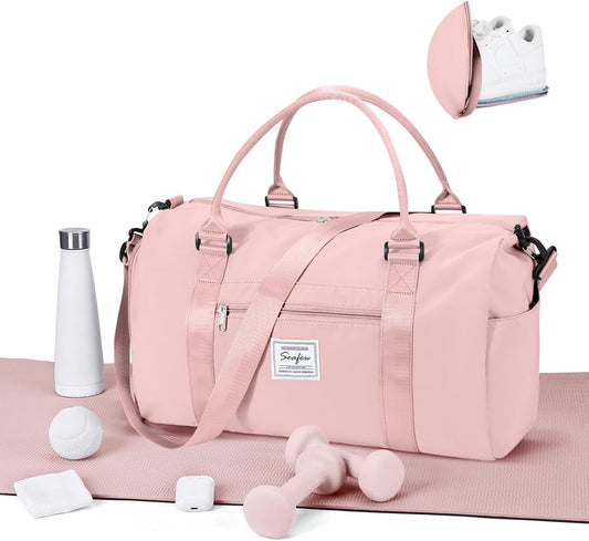 Gym Bag for Women Men with Shoes Compartment,Sports Duffle Bag Personal item travel Duffel Bags Tote Bag Small Carry on Weekender Overnight Bags Workout Dance Bag Hospital Holdalls Pink