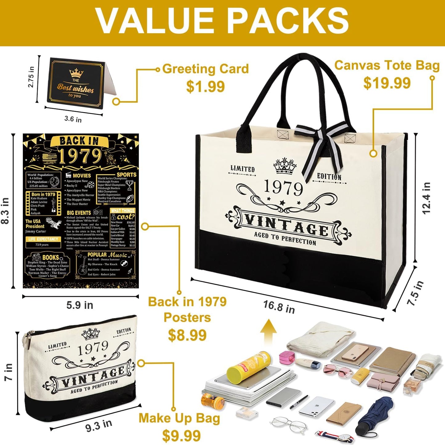 YeohJoy 46th Birthday Gifts for Women Canvas Tote Bag Travel Gear, Unique 46 Years Old Birthday Gifts for Girlfriend Sister Friends Her, Vintage 1979 Handbag & Cosmetic Bag & Back in 1979 Poster