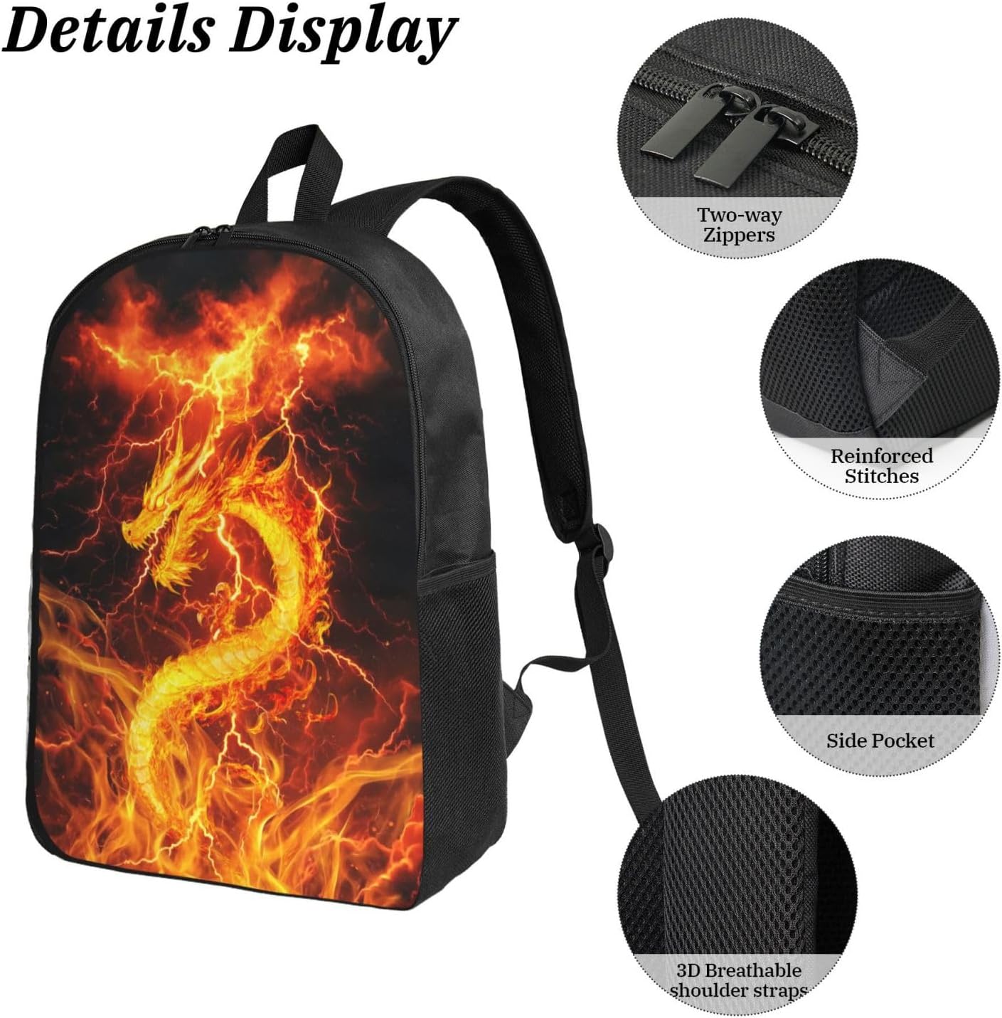 Dragon Kid Backpack Set with Lunch Bag & Pencil Case Large Capacity School Bag 17 Inch Bookbag for Boy Girl