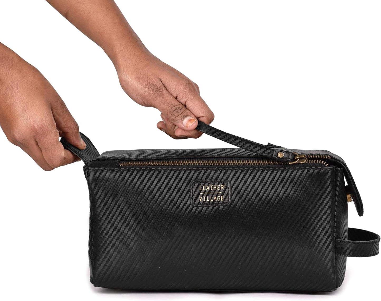 LEATHER VILLAGE Premium Carbon Fiber Genuine Leather Travel Toiletry Bag - Large Compact Dopp Kit, Water-Resistance Shaving & Cosmetic Organizer for Men & Women - Black