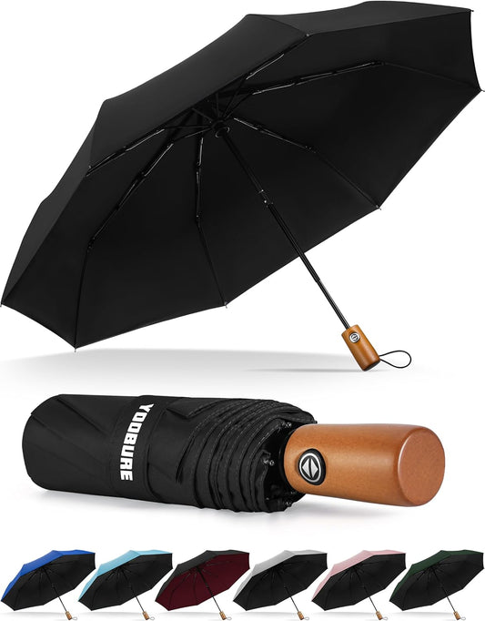 Yoobure Windproof Travel Umbrella with Wood Handle - Automatic Umbrellas for Rain & UV Sun Protection, Compact 46" Large Canopy, Lightweight Backpack Portable for Walking & Outdoor