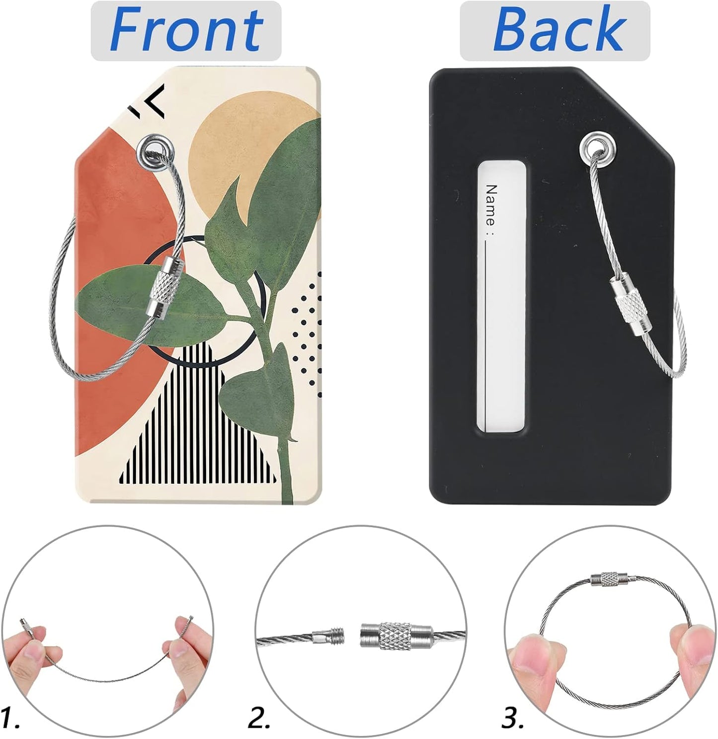 2 Luggage Tags, (1" Smaller Than Traditional) Perfect for Quick Luggage Identification with Stainless Steel Ring and Address Card for Travel and Luggage (Green Leaves)
