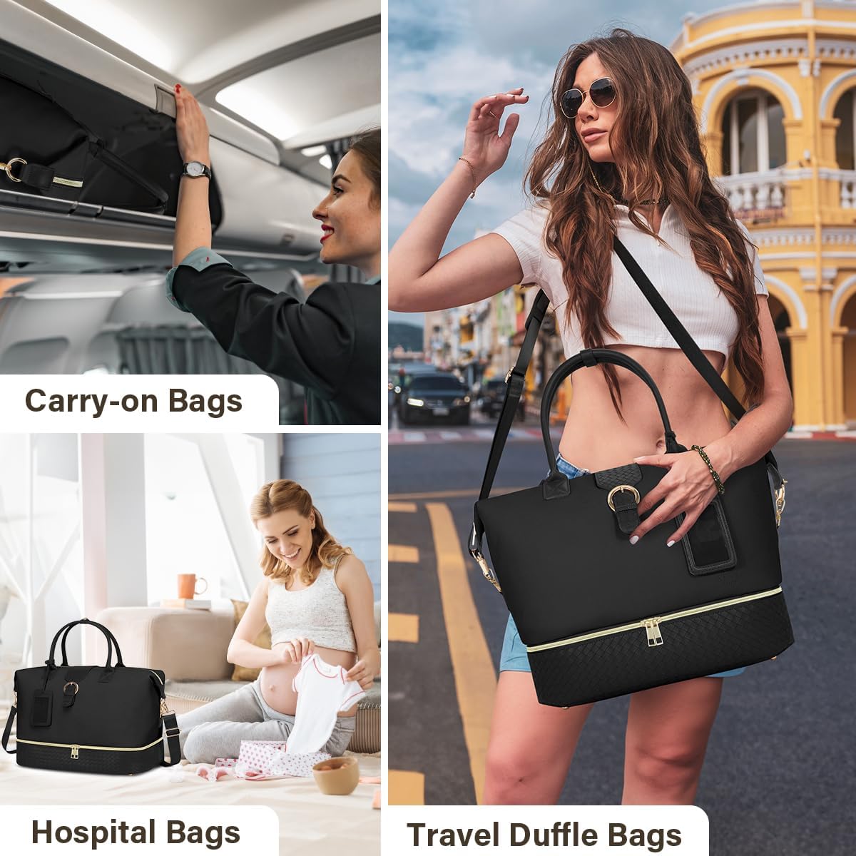 Leather Weekender Bags for Women, Travel Duffel Bag PU Overnight Bag Carry On Tote Bag with Shoe Compartment Wet Pocket