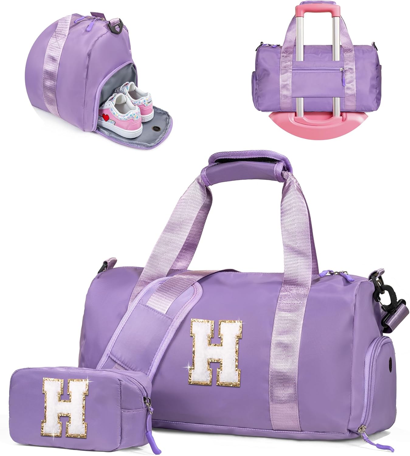 Customized Gifts for Daughter -Girl Gym Bag with Shoe Compartment, Kid Personalized Weekender Overnight Bags, Initial Travel Tote with Makeup Pouch, Sweet Girls Gift for Niece (Letter H)