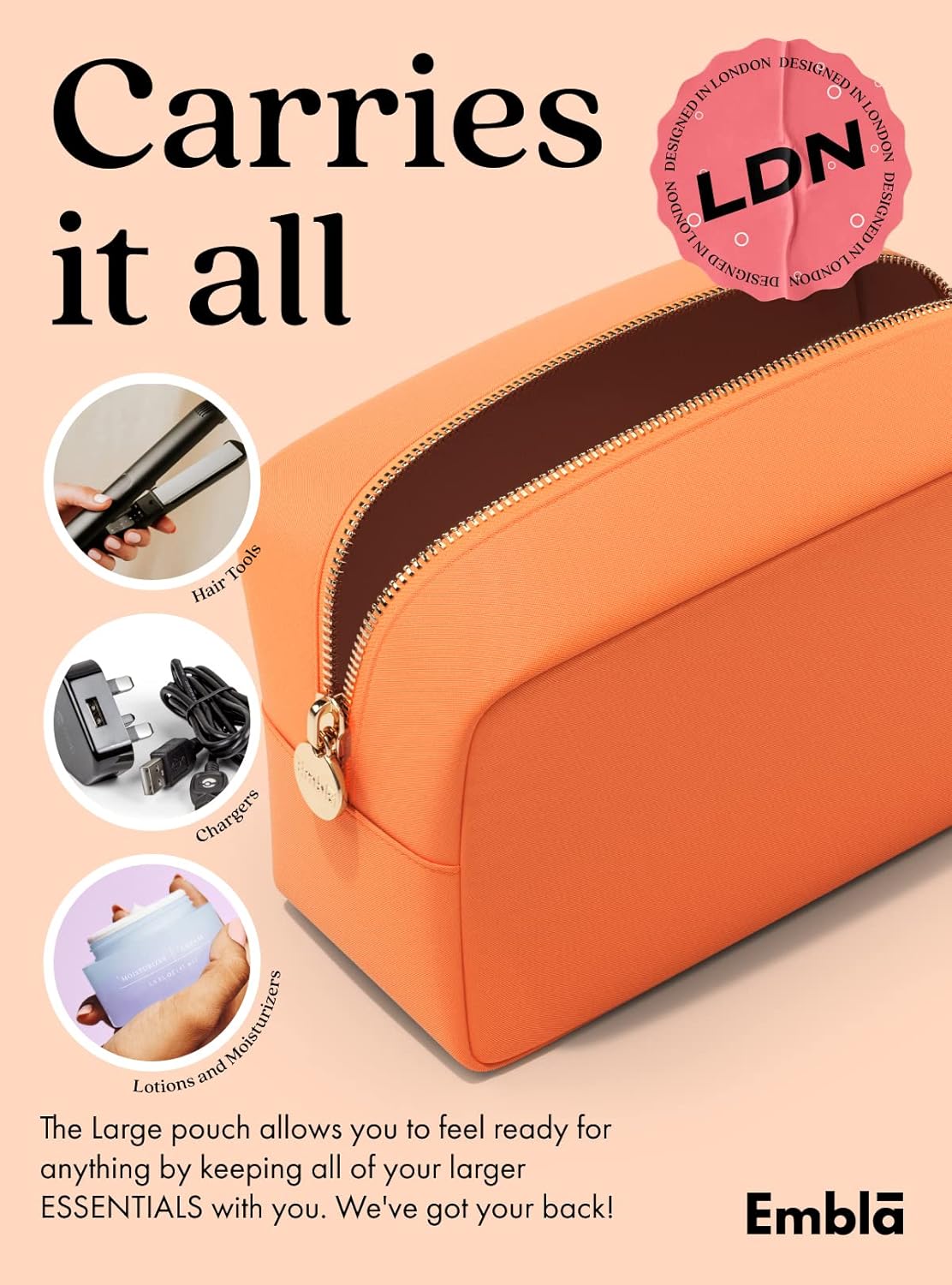 Embla Makeup Bag Travel Cosmetics Pouch and Toiletry Bag, Nylon Zipper Pouch Purse, Cute Make Up Organizer Storage Tote for Women Girls, Waterproof Travel Skincare Case, Large Makeup Bags, Peach