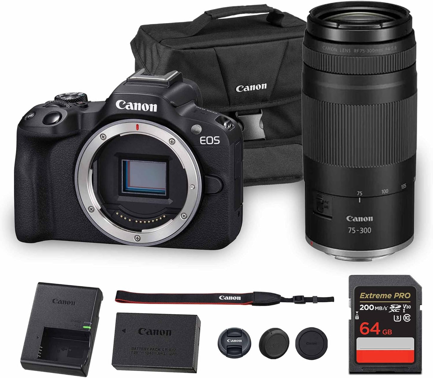 Canon EOS R50 Mirrorless Camera | 24.2MP APS-C, 4K 30p Video, Dual Pixel AF II, 15fps Burst, Vari-Angle Screen, Compact Beginner Vlogging Camera (5811C002) + Canon RF 75-300mm Lens + Bag + 64GB Card