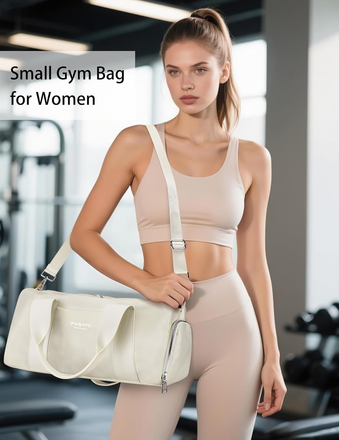 Compact Sports Gym Bag for Women, Cute Mini Duffle Bag with Wet Pocket & Shoes Compartment, Personal Item Travel Workout Bag, 16"-Small, Beige