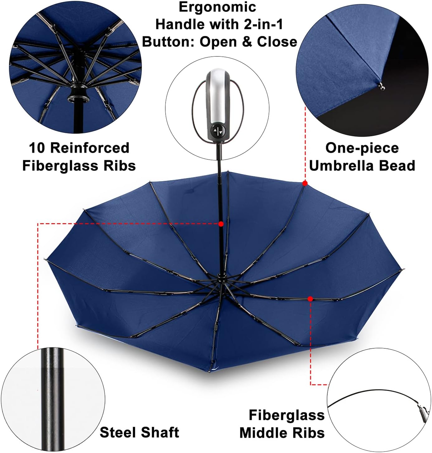 TradMall 2 Pack Travel Umbrella Windproof 46/56 Inches Large Canopy Reinforced Fiberglass Ribs Auto Open & Close