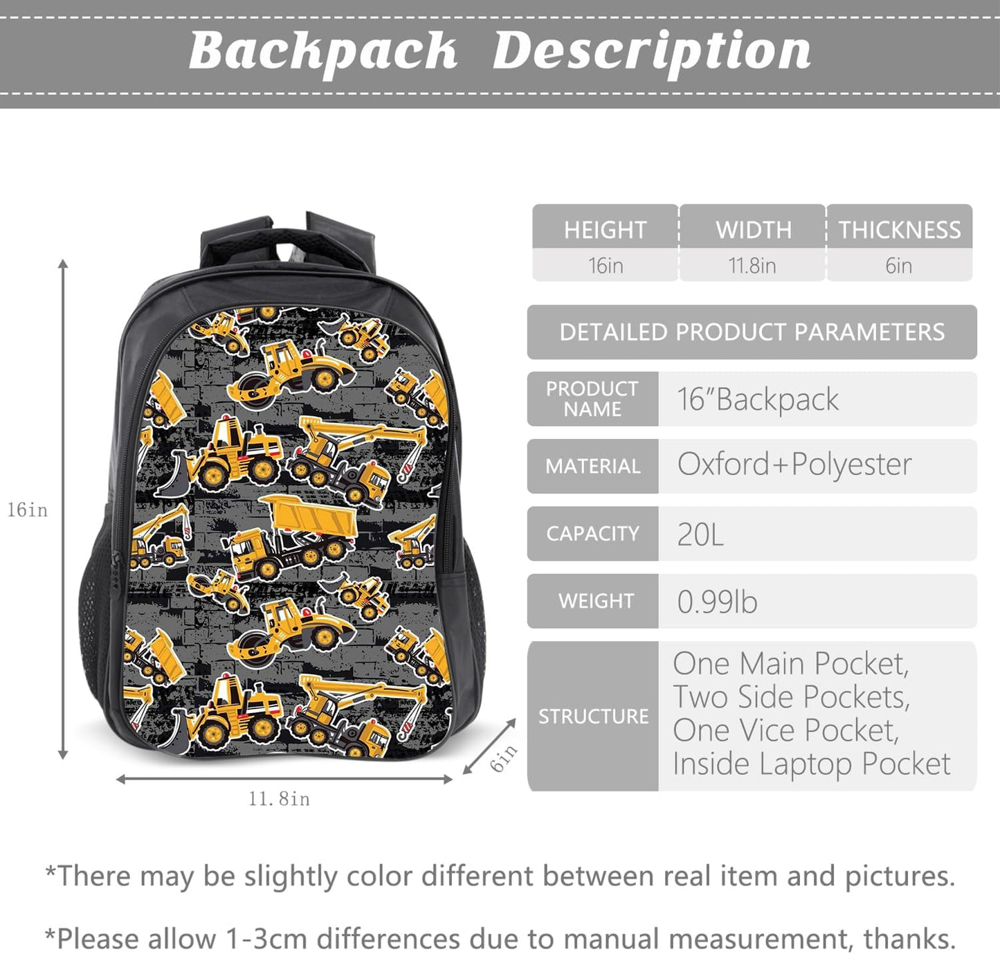 Construction Backpack Kids Excavator Bookbag 16inch Schoolbag With Lunch Box Bag And Pencil Case Set For Boys Girls