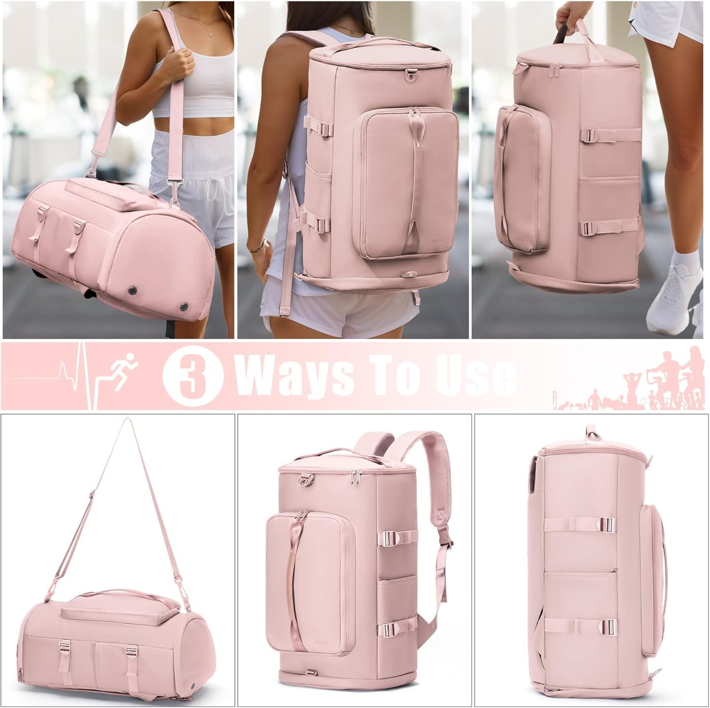 Gym Bag with Shoes Compartment and Wet Pocket - Sports Duffle for Men and Women, Travel Backpack Weekender Overnight Bag Pink- MIYCOO
