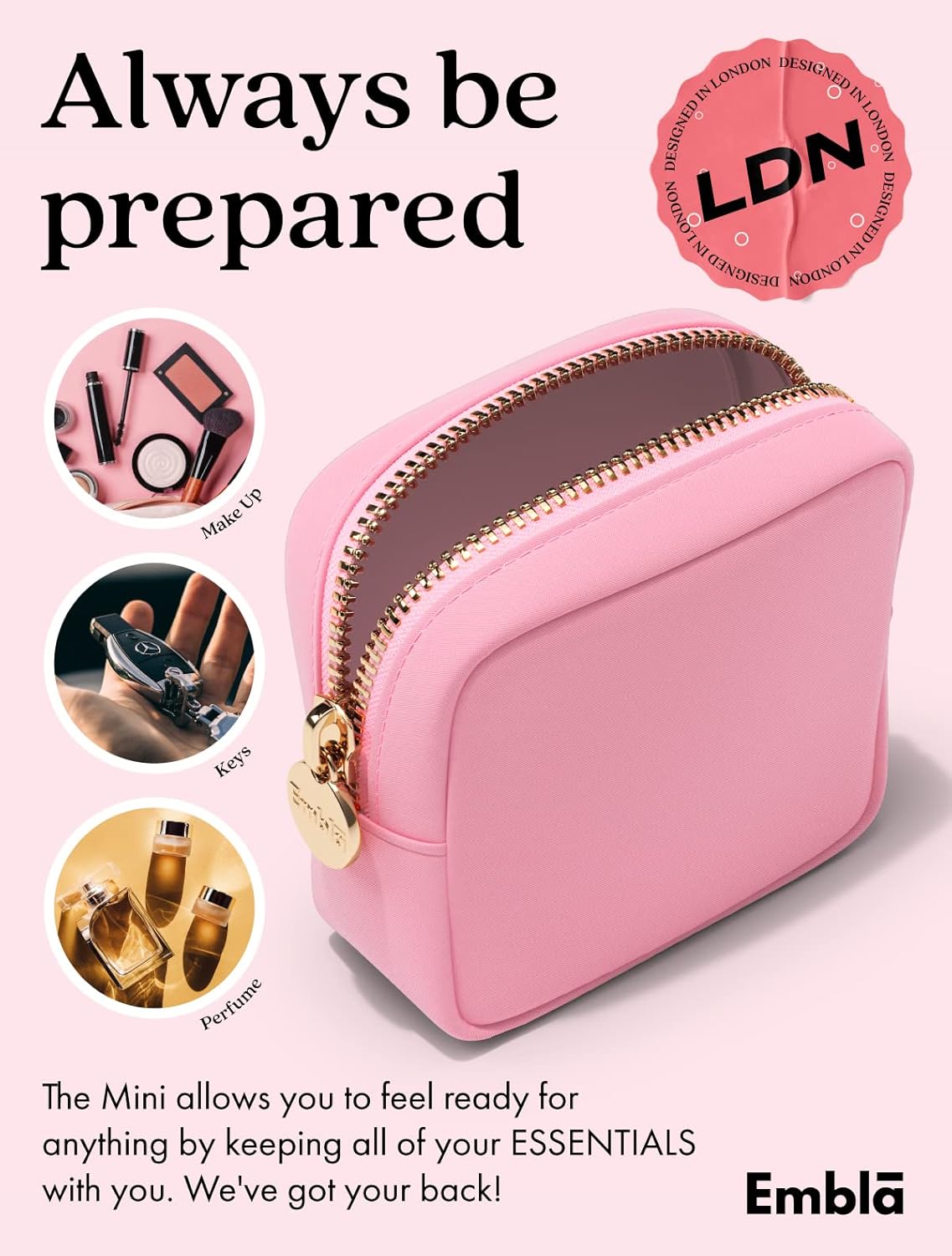 Embla Makeup Bag Travel Cosmetics Pouch and Toiletry Bag, Nylon Zipper Pouch Purse, Cute Make Up Organizer Storage Tote for Women Girls, Travel Skincare Case, Small Makeup Bags, Flamingo Pink