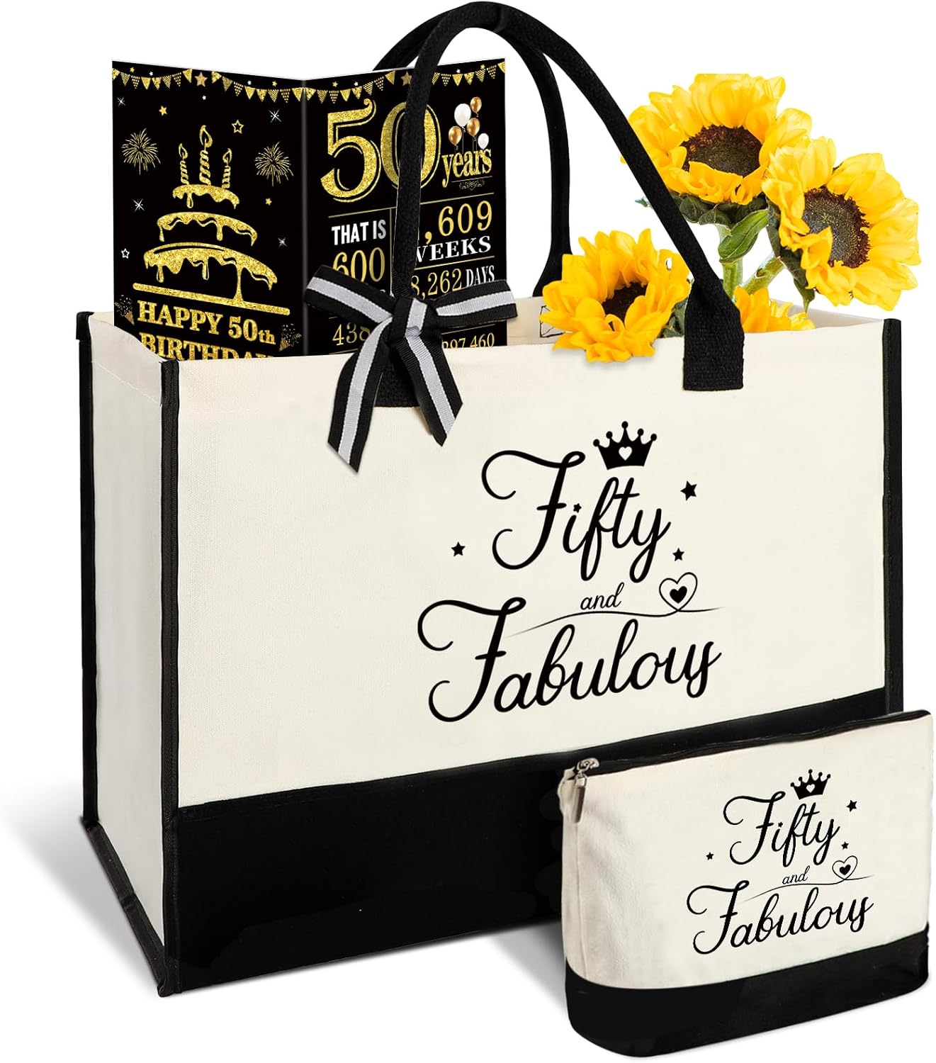 50th Birthday Gifts for Women 50 and Fabulous Canvas Tote Bag Travel Gear, Unique 50 Years Old Gifts for Wife Sister Mom Aunt Friends Her, Handbag & Cosmetic Bag & 50 Birthday Poster