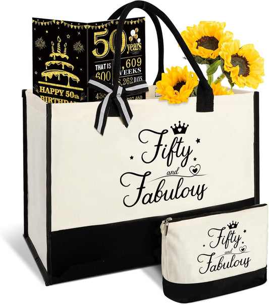 50th Birthday Gifts for Women 50 and Fabulous Canvas Tote Bag Travel Gear, Unique 50 Years Old Gifts for Wife Sister Mom Aunt Friends Her, Handbag & Cosmetic Bag & 50 Birthday Poster