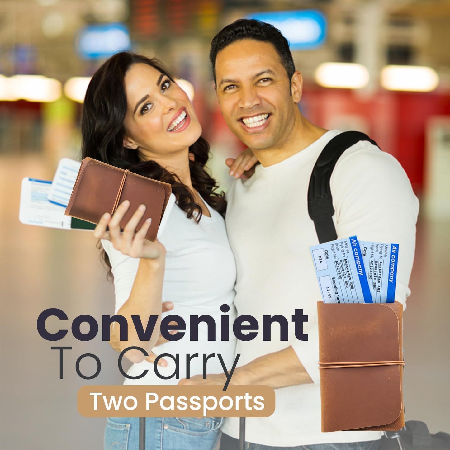 Leather Passport Holder with Travel Wallet, Genuine Leather Passport Cover- Passport Wallet, Leather Folding Wallet for Passports (Strap, Brown)