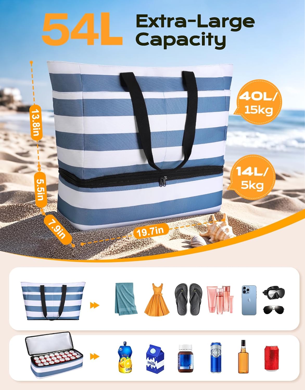Beach Bag with Cooler, 54L Large Waterproof Sandproof Travel Tote Bag, Duffel Weekender Bag for Packing/Travel/Gym