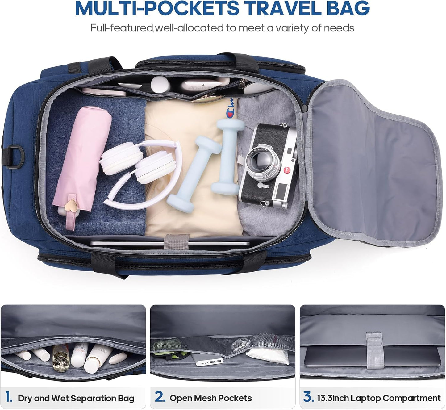 Gym Bag for Men and Women with Shoe & Laptop Compartment, 3-in-1 Sports Travel Duffel Bag Anti-Theft Weekender Carry-On Backpack for Airplane & Workout, Overnight Travel Bag,35L (Blue, Medium)