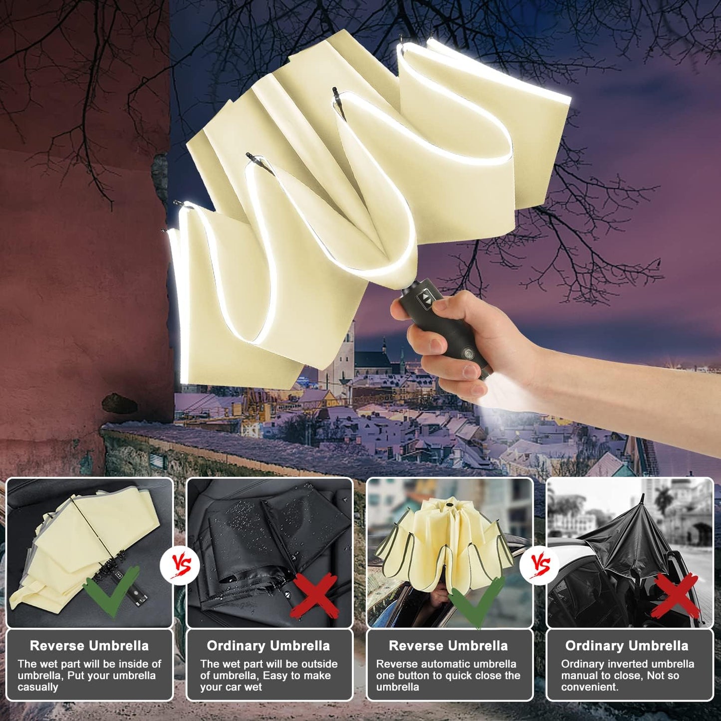 Lejorain Inside Out Umbrella Folding - Inverted LED Umbrellas Automatic Open and Close - Women Rain Umbrella Reverse Folding