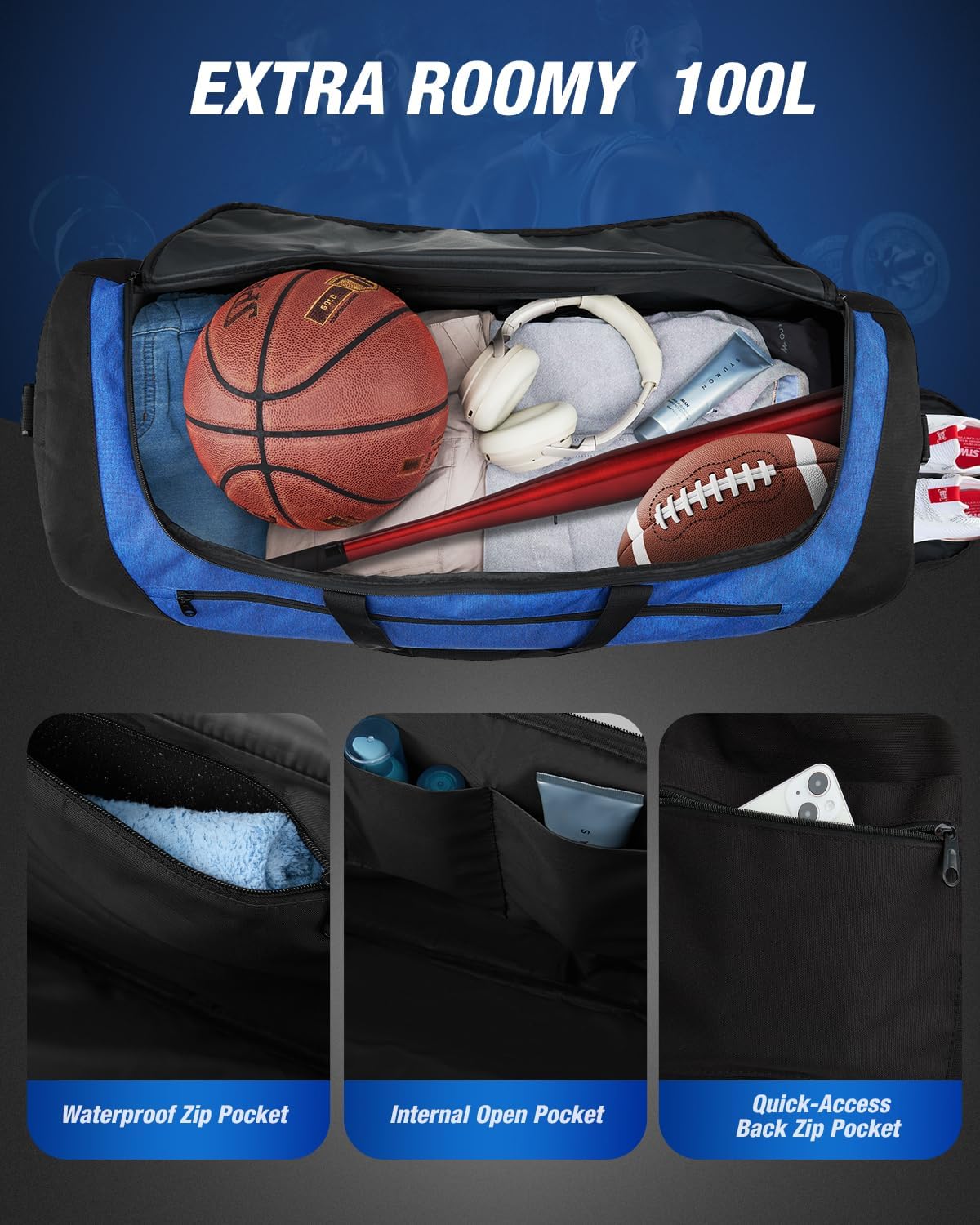 Gonex Gym Duffel Bag with Shoe Compartment Wet Pocket, Large Capacity Sports Duffle Bag for Men Women, Workout & Travel Bag with Multiple Pockets, Black/Blue, Large (100L)