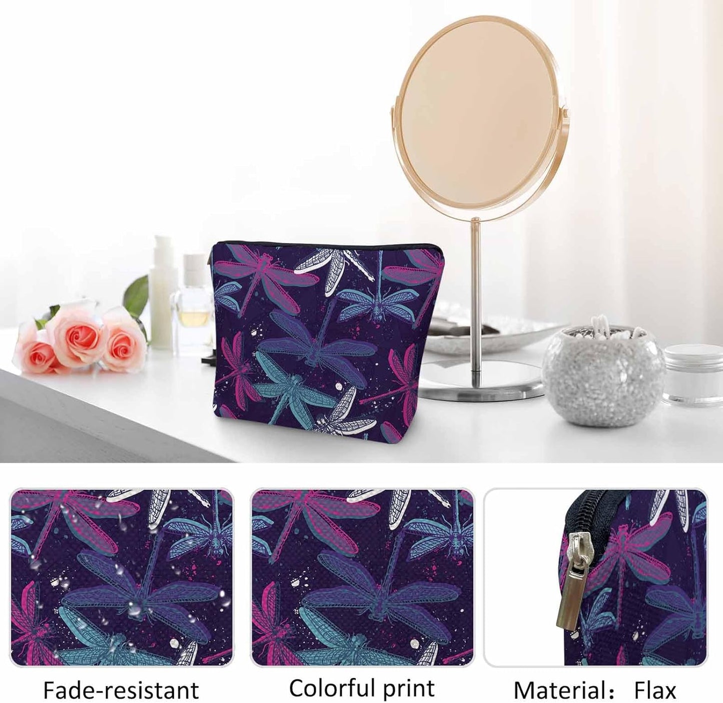 Dragonfly Makeup Bag For Women, Adorable Cosmetic Bag Makeup Bags, Colorful Dragonflies Nature Zipper Bag Travel Bags Toiletry Organizers Pouch Bags Washing Bags For Gym Bathroom