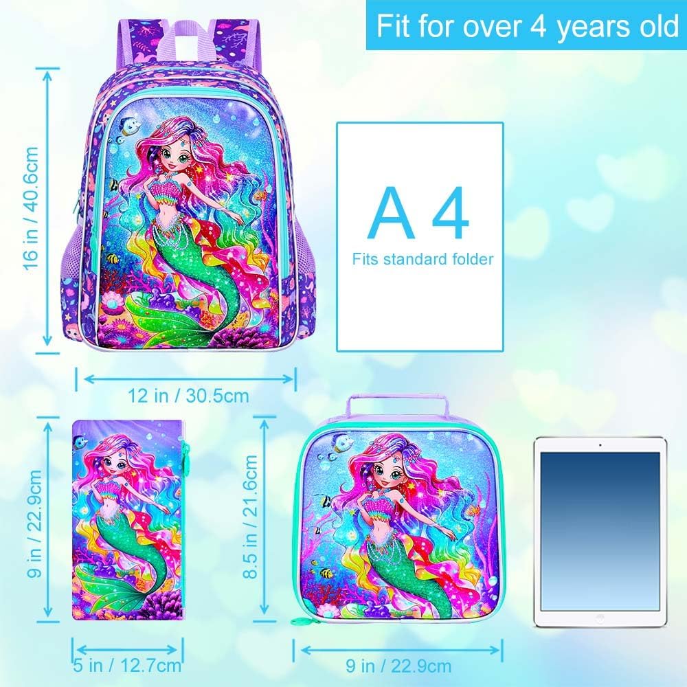 16" Mermaid Backpack, 3Pcs School Bookbag for Girls with Lunch Box, Kids Backpacks for Elementary Preschool Kindergarten(Purple)