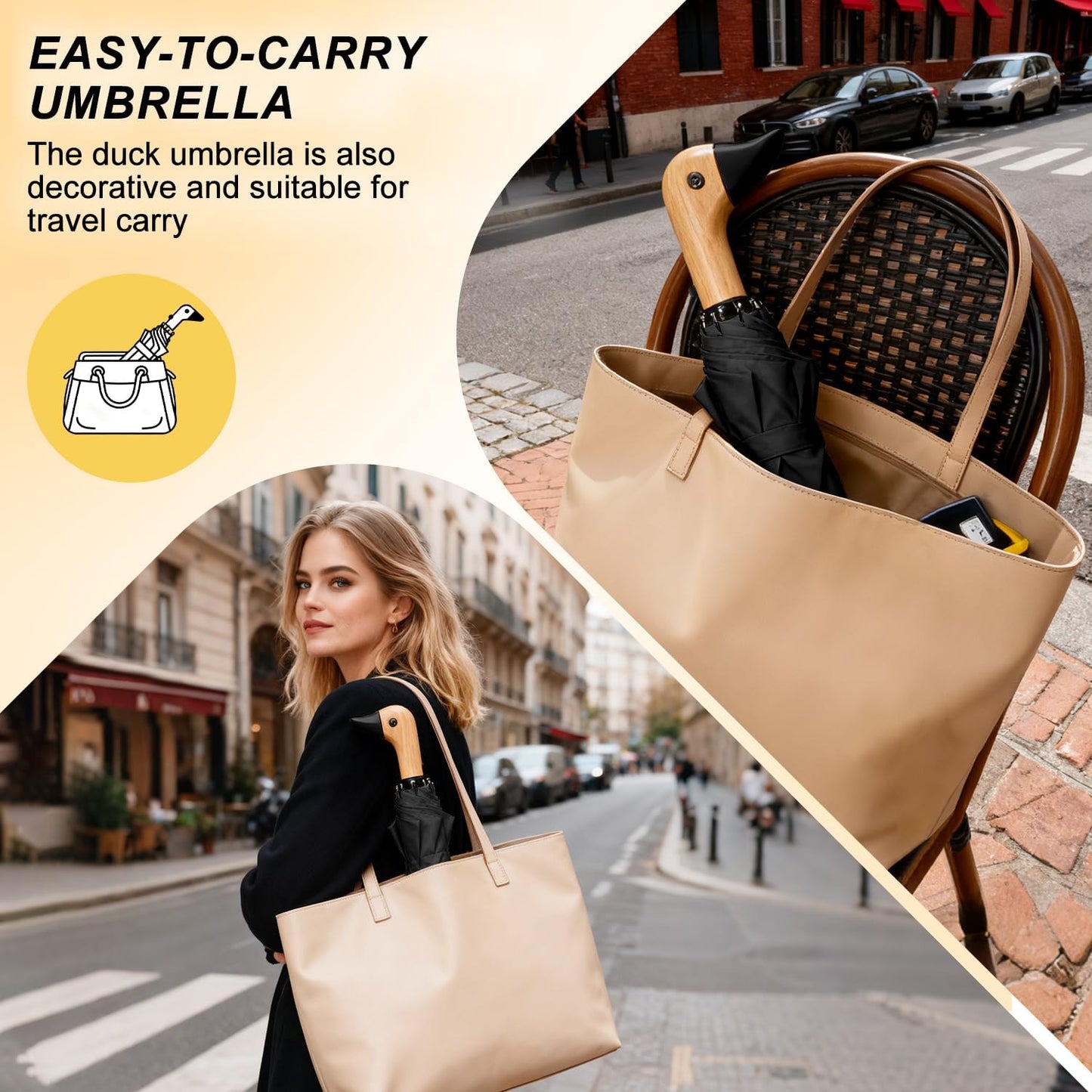 LEAGERA Cute Duck Head Umbrella - Auto Open & Manual Close Easy Folding Portable Lightweight Umbrella for Rain Wood Handle Duck Gifts