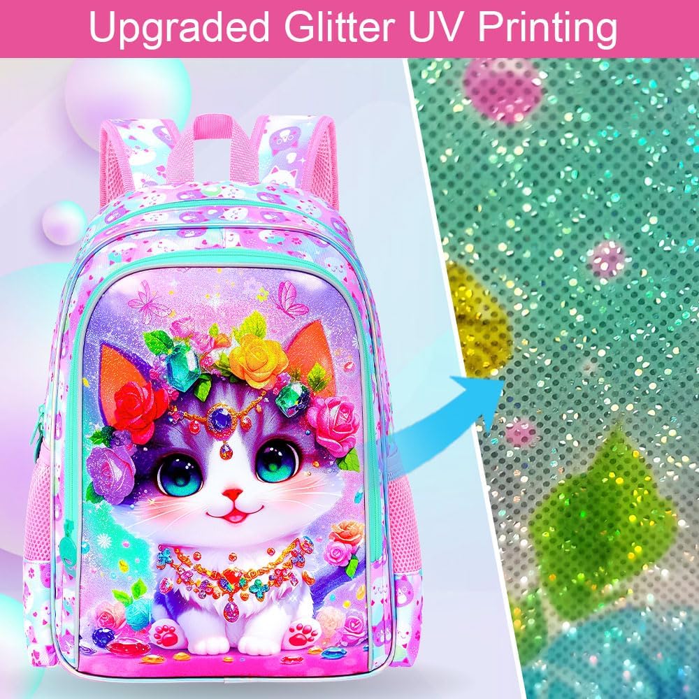 16" Cat Backpack for School, Girls Kids Bookbag with Lunch Box，3Pcs Backpacks for Elementary Preschool Kindergarten (Pink)