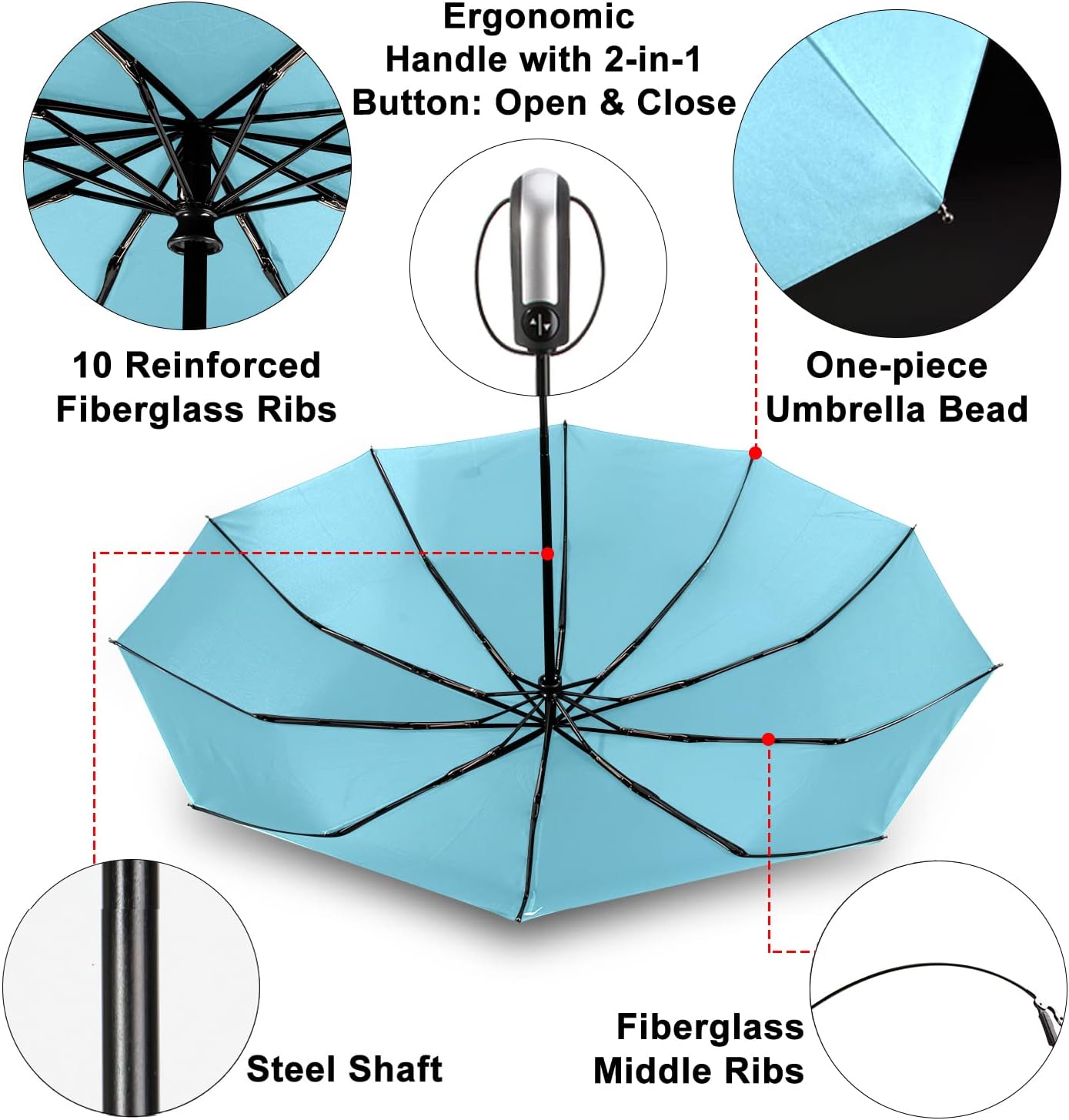 TradMall 2 Pack Travel Umbrella Windproof 46/56 Inches Large Canopy Reinforced Fiberglass Ribs Auto Open & Close