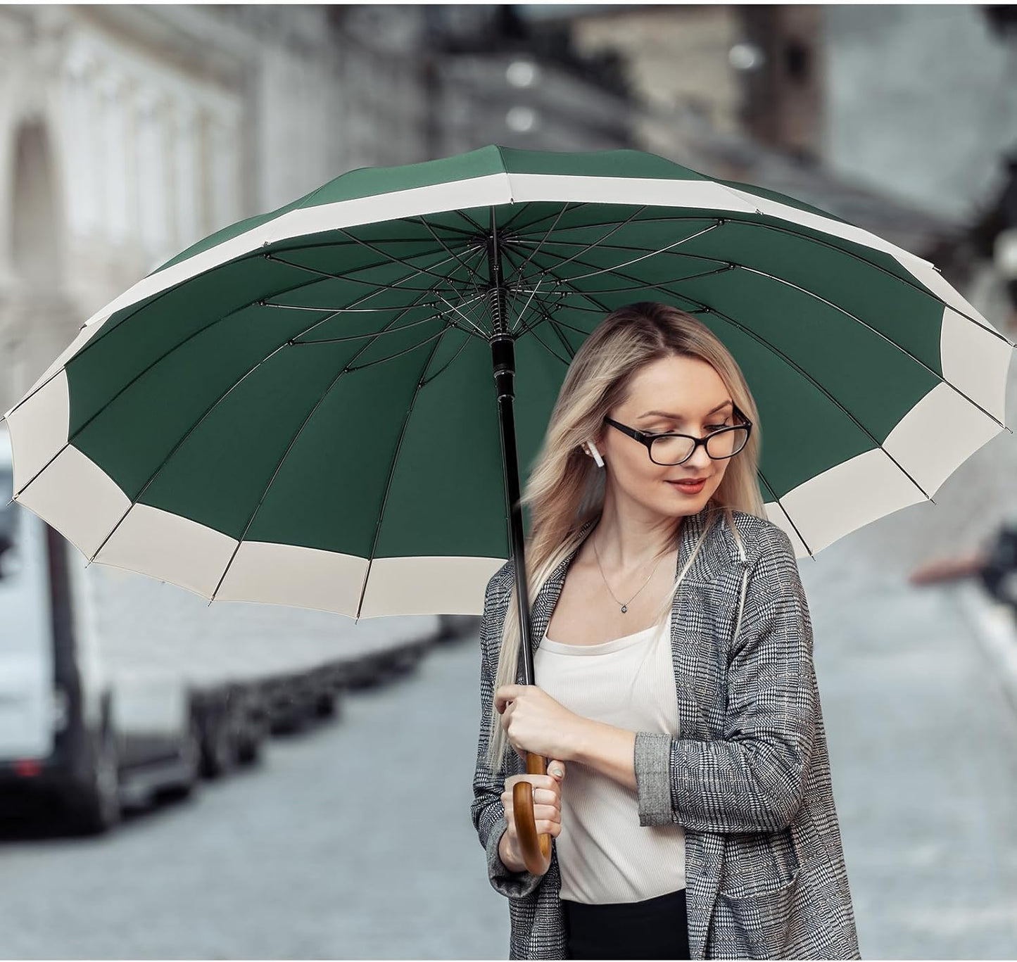 G4Free 54 Inch Large Windproof Umbrella for 2 Persons, 16 Ribs Auto Open Classic Wooden J Handle Cane Stick Golf Rain Umbrellas for Men Women Travel 120cm