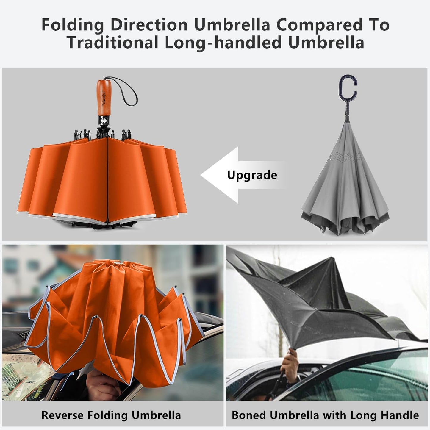 Lejorain Golf Large Inverted Umbrella - Black Big Windproof Heavy Duty Upside Down 46/50/54 Inch Compact Reverse Car Automatic Folding Reflective Umbrella