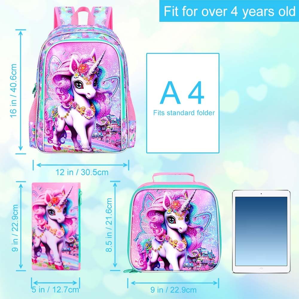 16" Unicorn Backpack, 3Pcs School Bookbag for Girls with Lunch Box, Kids Backpacks for Elementary Preschool Kindergarten(Pink)