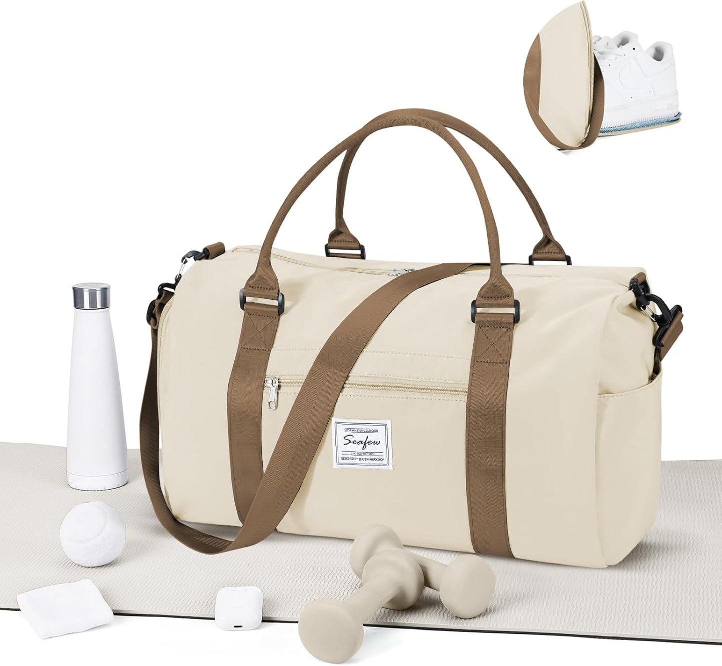 Gym Bag for Women Men with Shoes Compartment,Sports Duffle Bag Personal item travel Duffel Bags Tote Bag Small Carry on Weekender Overnight Bag Workout Dance Bag Hospital Holdalls Beige Brown