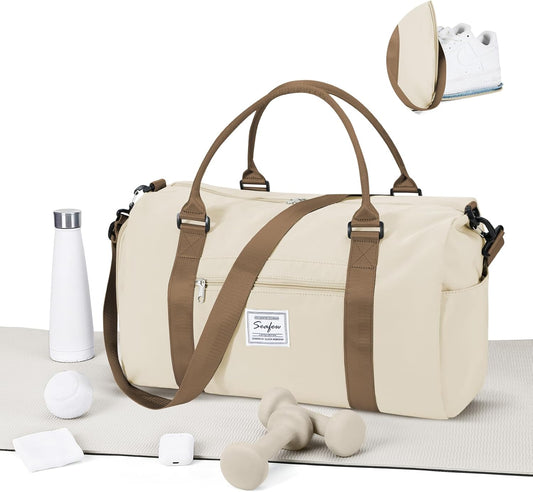 Gym Bag for Women Men with Shoes Compartment,Sports Duffle Bag Personal item travel Duffel Bags Tote Bag Small Carry on Weekender Overnight Bag Workout Dance Bag Hospital Holdalls Beige Brown