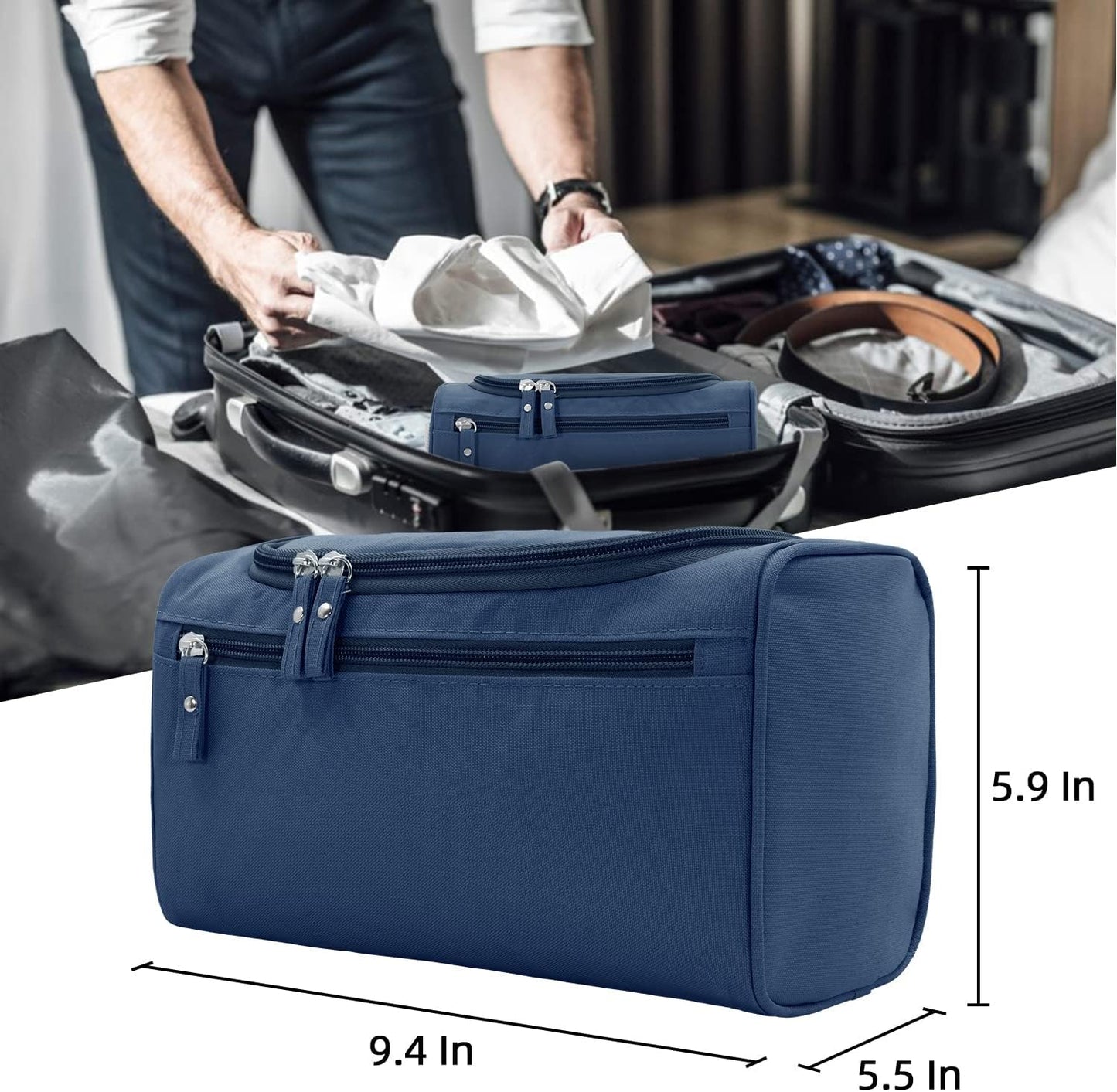 Buruis Travel Toiletry Bag for Men and Women, Hanging Toiletry Organizer Cosmetics Makeup Bag, Water-resistant Dopp Kit Shaving Bag, Small Toiletry Bag for Travel Essentials, Accessories (Denim Blue)