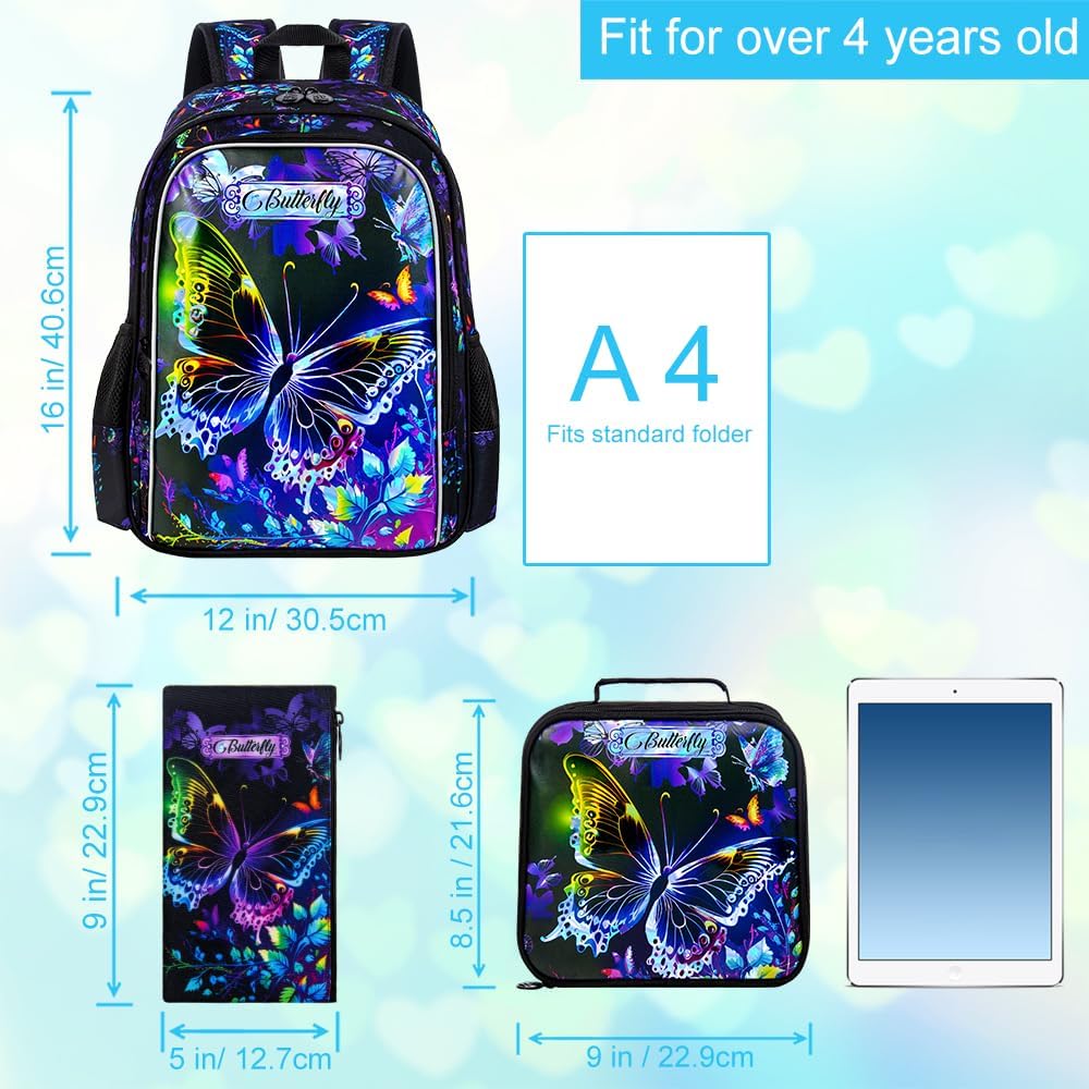 16" Butterfly Backpack for Girls, 3Pcs School Bookbag with Lunch Box, Kids Backpacks Set for Elementary Preschool Kindergarten(Black)