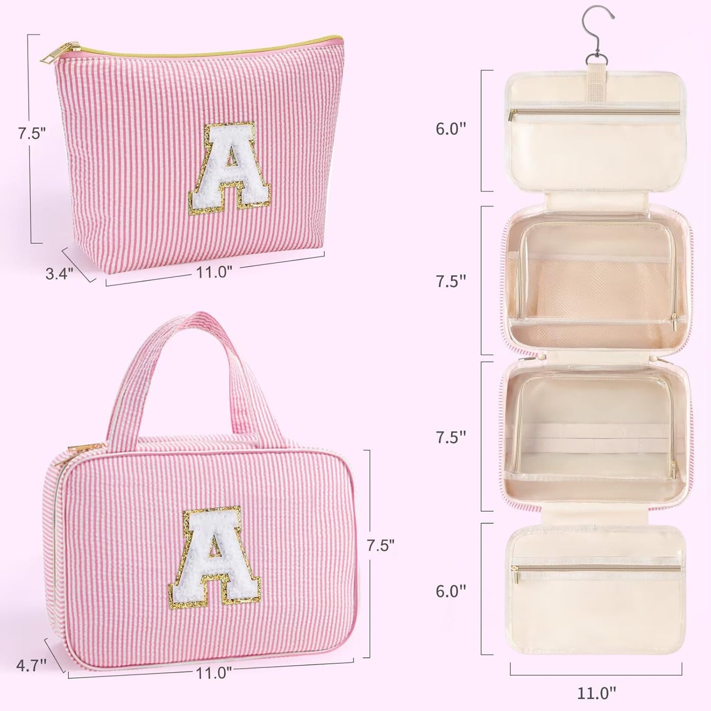 YOOLIFE Travel Toiletry Bag for Women - Hanging Toiletry Bag Initial Makeup Bag, Portable Toiletries Cosmetic Bag, Airplane Travel Essentials - Letter I, Pink