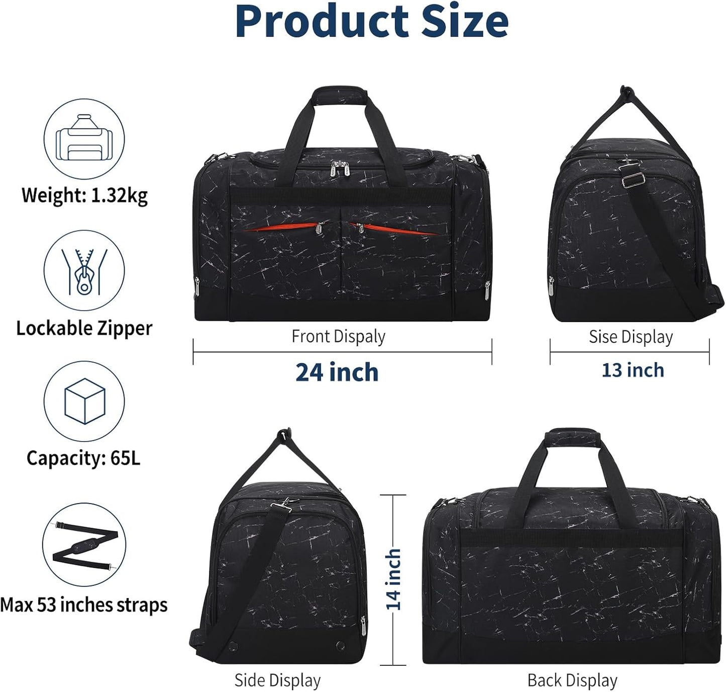 24 inch Large Gym Bag for Men - 65L Hard Bottom Duffle Bag with Shoes Compartment for Sport/Travel - Marble Black