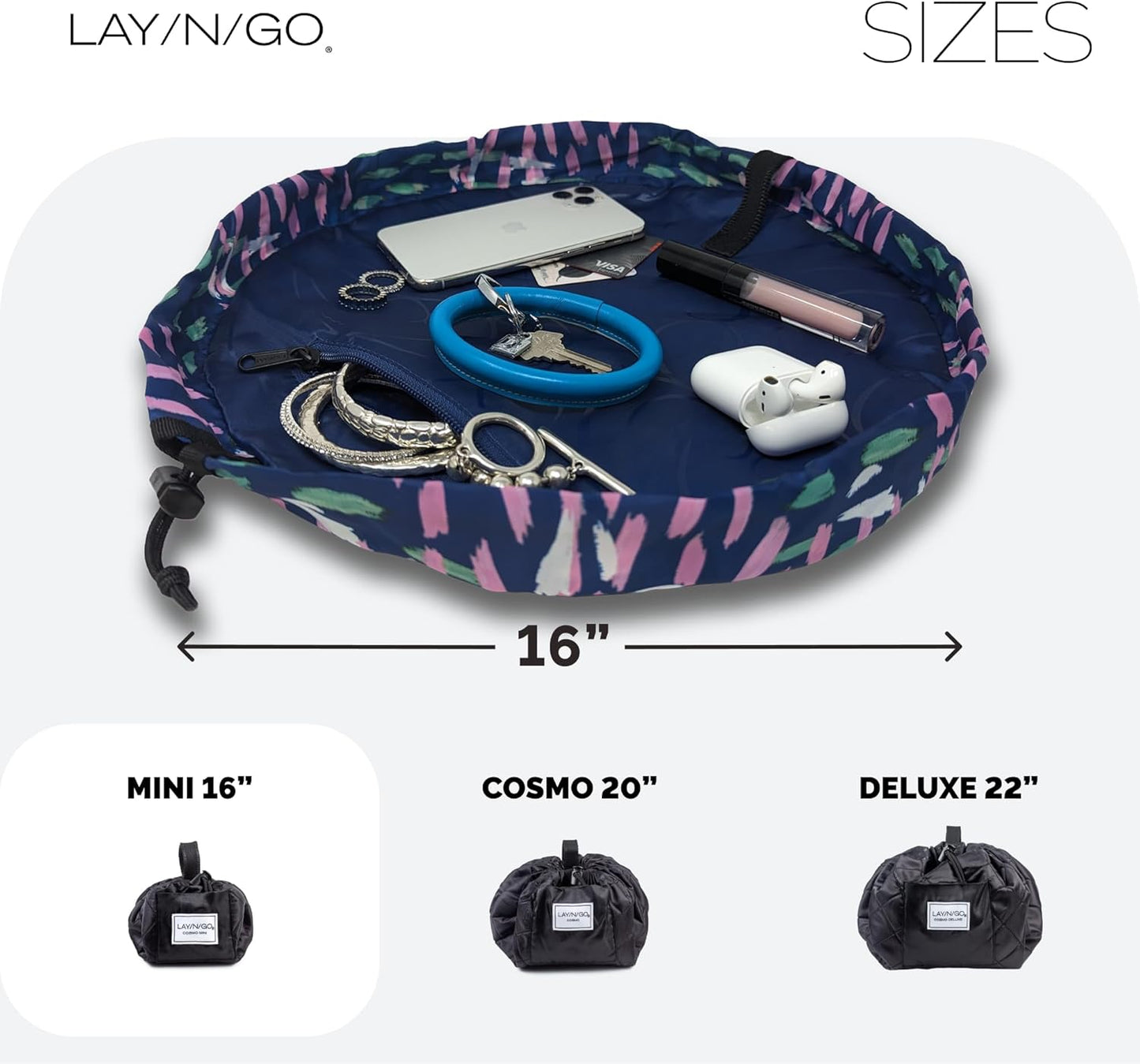 Lay-n-Go Cosmo Layflat Drawstring Cosmetic & Makeup Bag Organizer - Portable Drawstring Makeup Bag w/Zipper Pocket & More - Durable, Machine Washable Toiletry Bag for Travel (16", Crossmark)