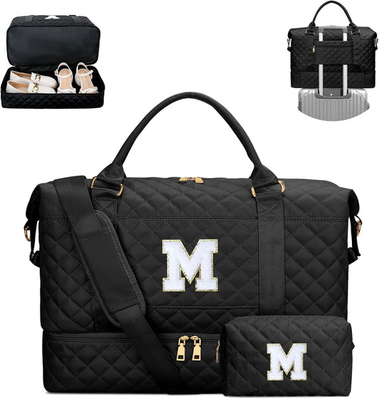 Gifts for Teens Girls Women Initial Travel Duffle Bag Quilted Weekender Carry-On Overnight with Cosmetic Bag, Gym Bag with Shoe Compartment, Black M