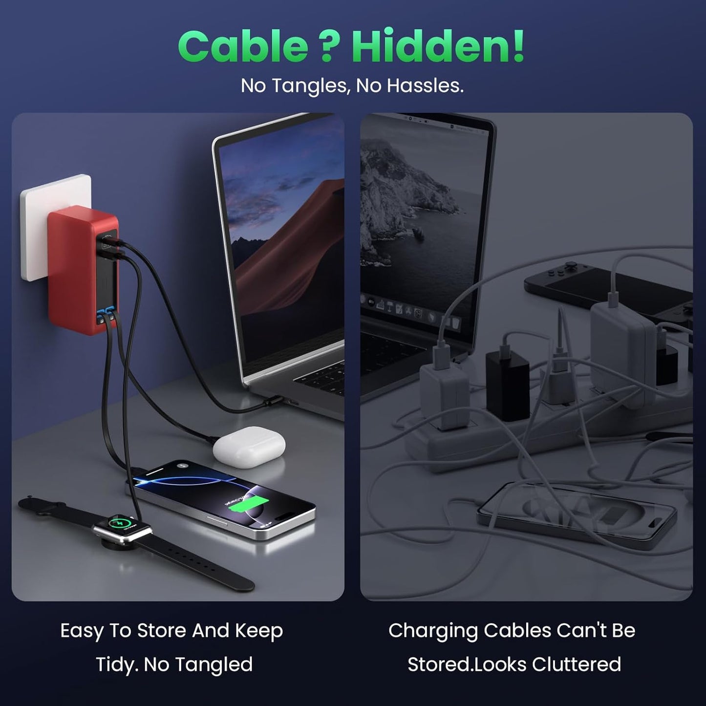 120W USB C Charger Block with 2 Built-in Retractable Cables,4-in-1 GaN IV Foldable Plug Wall Charger Fast Charging Station,PD 65W Laptop Adapter for MacBook/iPad,iPhone 17/16/15/14,Galaxy,Android-Red