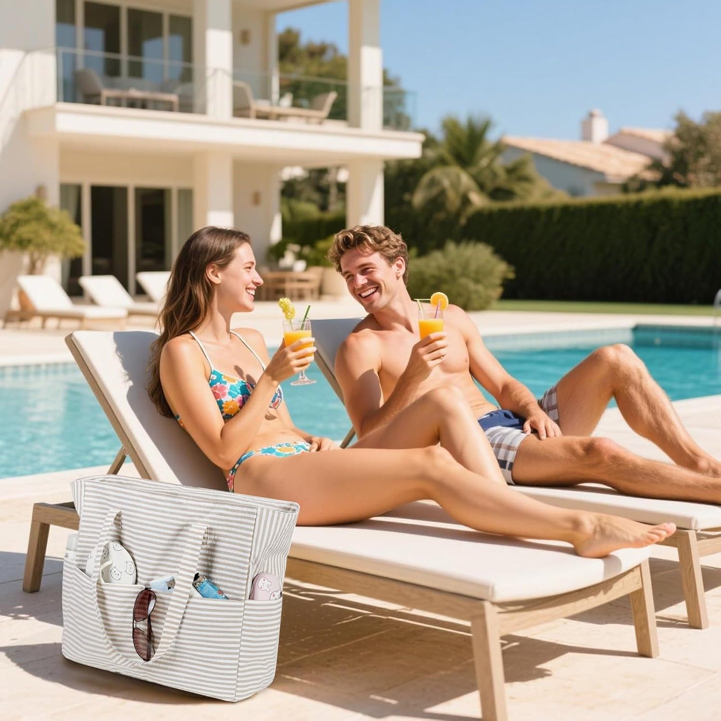 LEDAOU Beach Bag Waterproof Sandproof Women Tote Bag Pool Bag with Zipper for Gym Grocery Travel with Wet Pocket