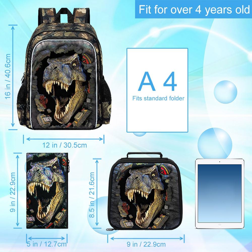 16" Boys Backpack, Dinosaur Kids Bookbag with Lunch Box, 3Pcs Dino School Backpacks for Elementary Preschool Kindergarten (Black)