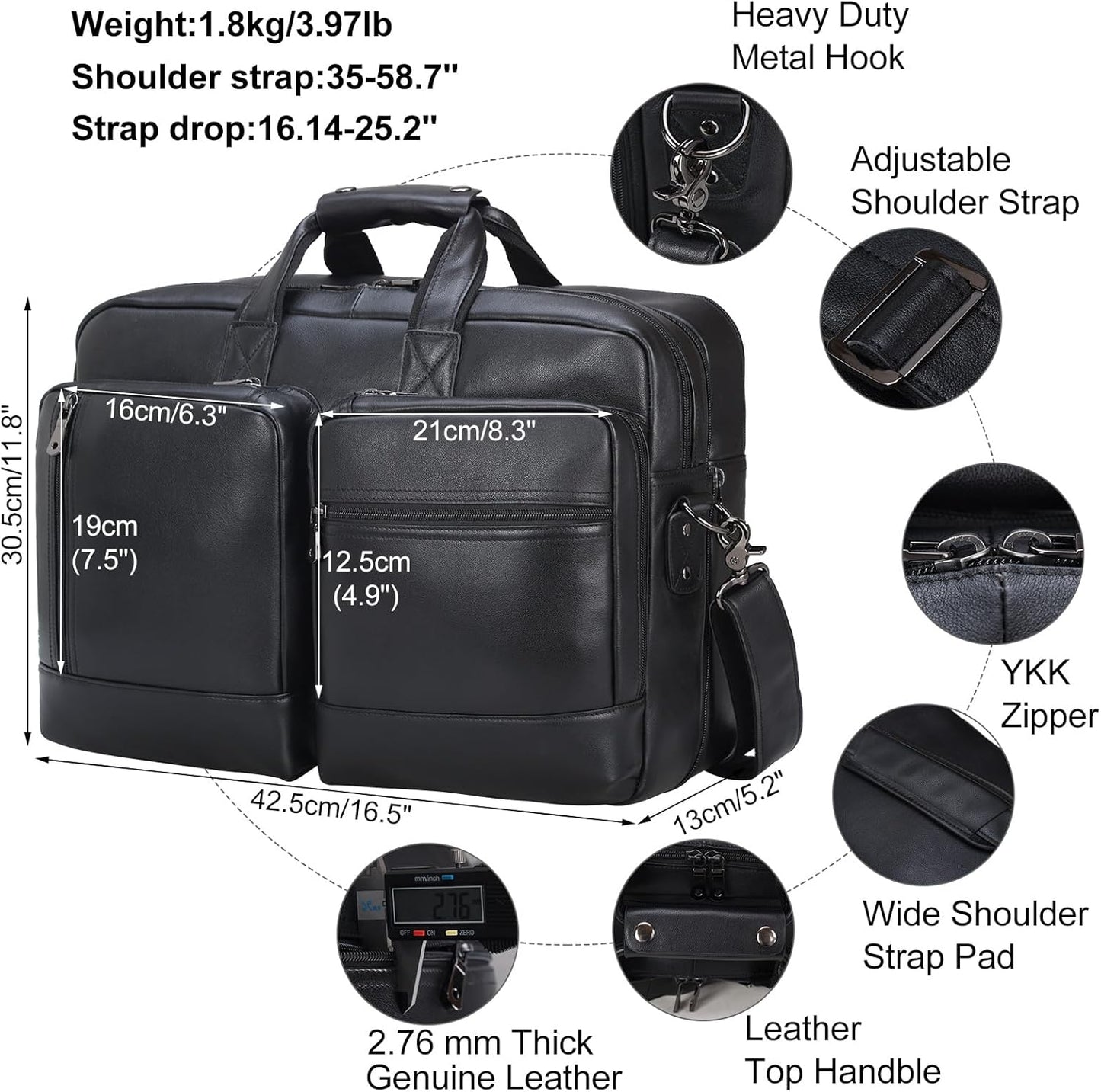 Leather Briefcase for Men Expandable Large 17 Inch Laptop Crossbody Shoulder Bag Business Travel Duffel Attache Case