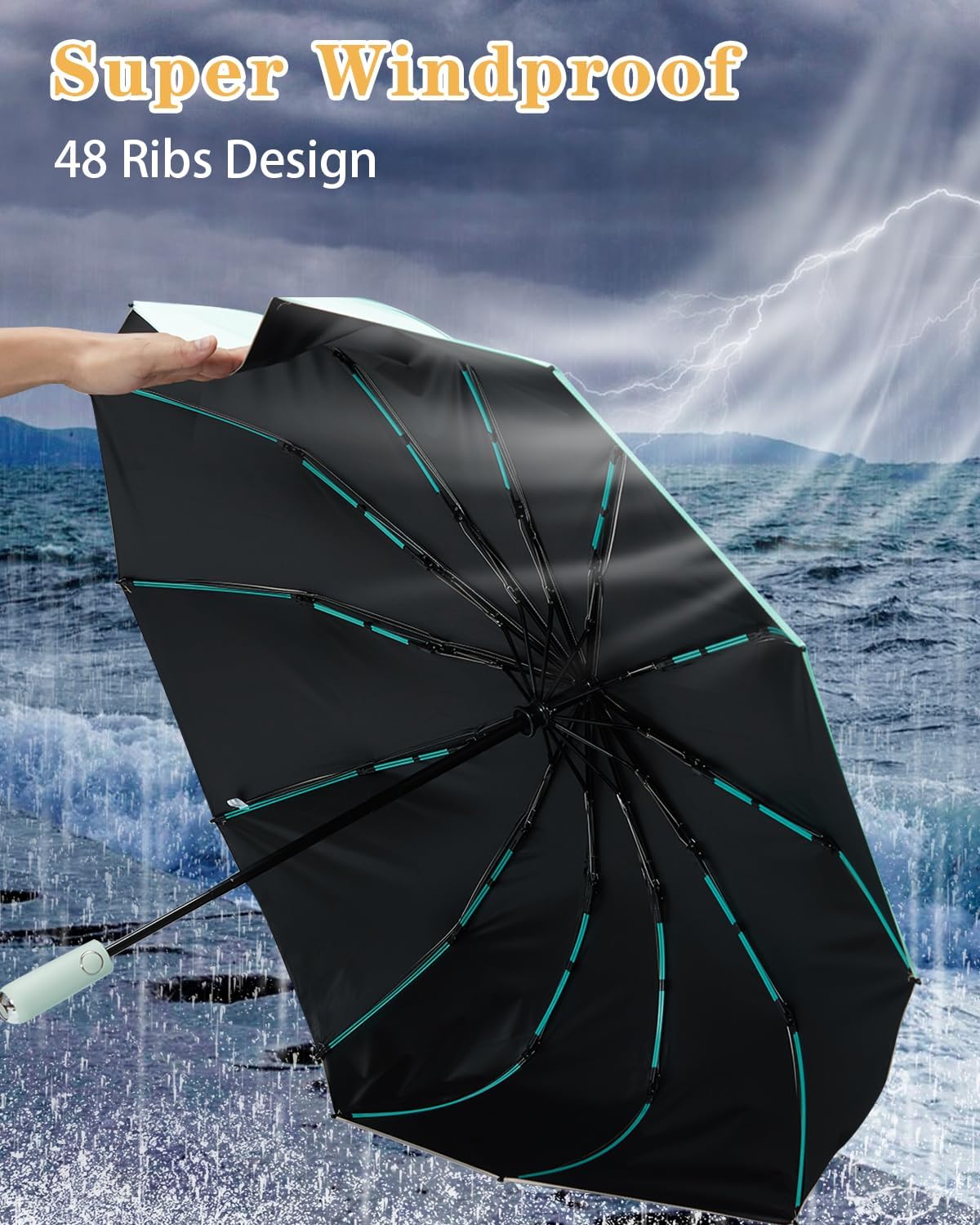 Large Double-Ribs Umbrella Automatic Folding Umbrella for Women Men, Travel, UPF 50+ UV Protection,46-Inch, 12 Ribs, Light Green