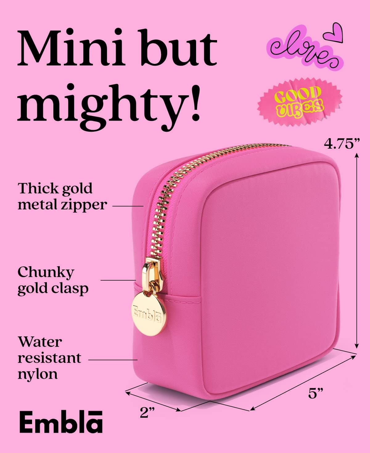 Embla Makeup Bag Travel Cosmetics Pouch and Toiletry Bag, Nylon Zipper Pouch Purse, Cute Make Up Organizer Storage Tote for Women Girls, Travel Skincare Case, Small Makeup Bags, Bubblegum