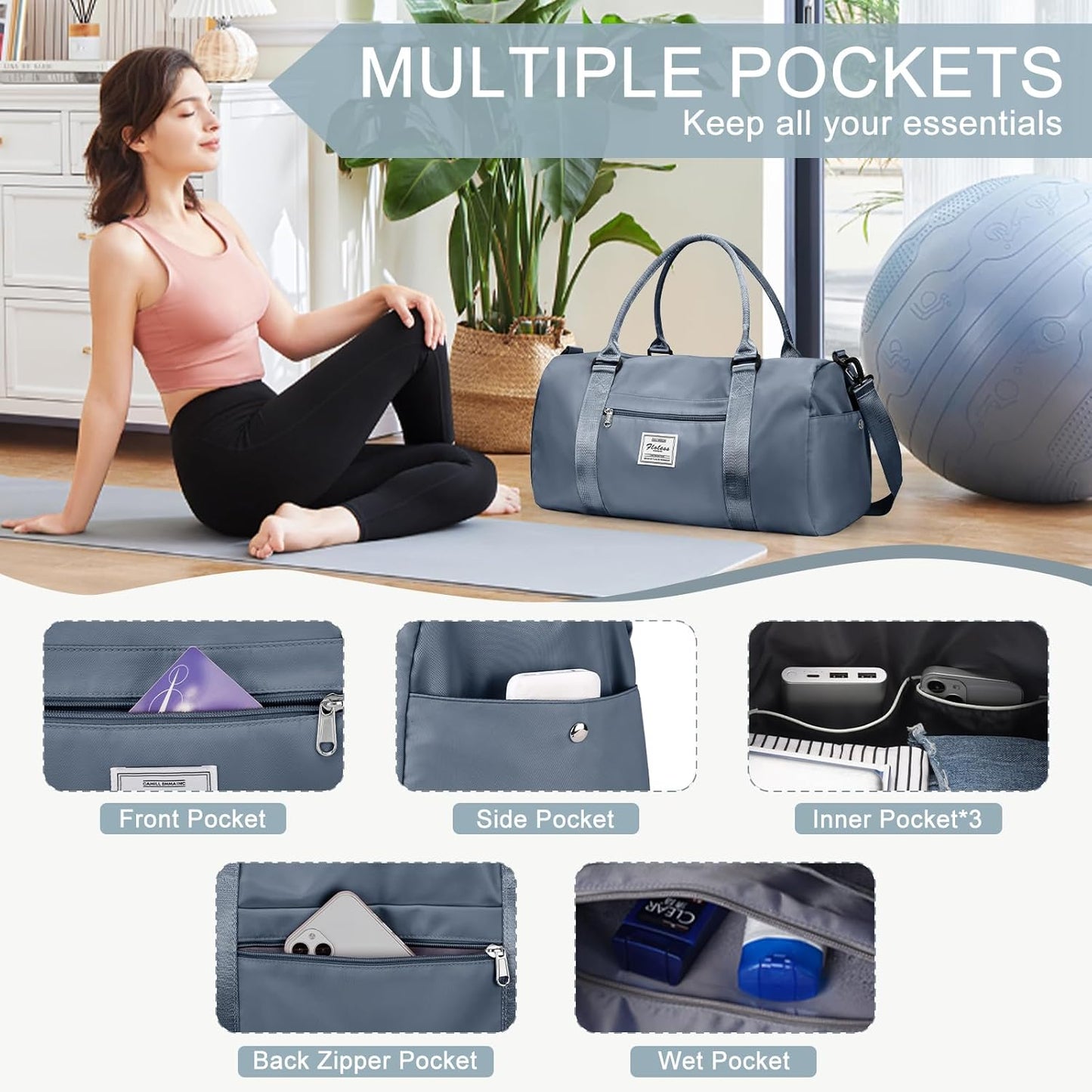 Gym Bag for Women with Shoes Compartment Small Duffel Bag Sport bag with Toiletry Bag Overnight Travel Tote Bags Weekender Carry on Bag Personal Item Bags for Airlines Grey Blue